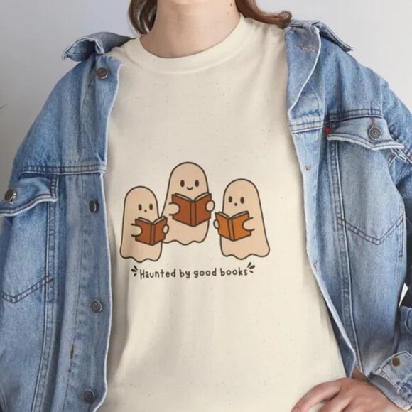 Tops - Ghostly Bookworms Unisex Tee, Spooky Season Tee, Book Lovers Ghost Halloween Tee